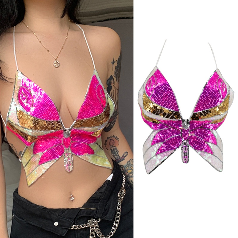 Áo Croptop Cổ V 10MK Họa Tiết Bướm Đính Kim Sa Lấp Lánh Nhiều Màu Sắc Cột Dây Hở Lưng Quyến Rũ Cho Nữ