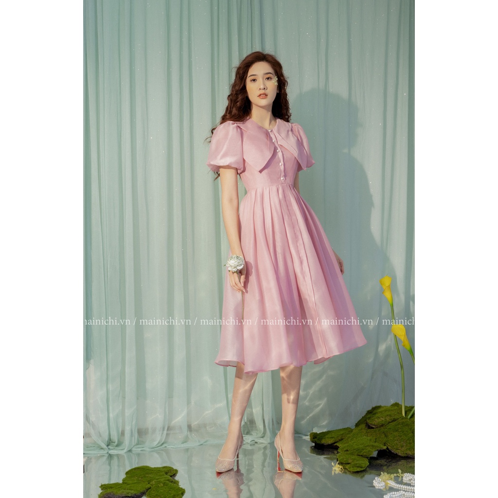 Váy Camila HỒNGChất Tơ Organza Form Dáng Midi Chiết Eo Sang Trọng, Quý Phái, Cổ Điển _mai.ni.chi