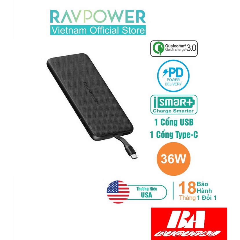 Pin sạc dự phòng RAVPower 5000mAh RP-PB160 Tích Hợp USB Type-C