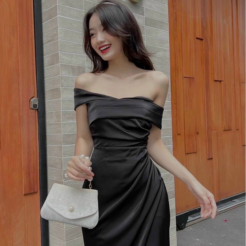 Đầm maxi bẹt vai xẻ đùi TRIPBLE T DRESS chất phi thun lụa - MS240Y