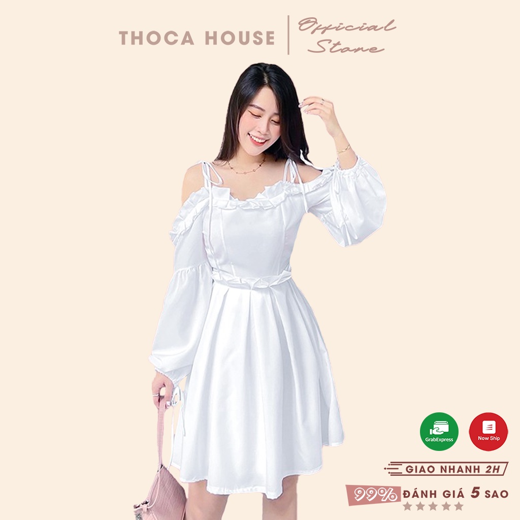 Đầm trắng dự tiệc xòe trễ vai cột nơ THOCA HOUSE kiểu dáng nữ tính, sang trọng dịu dàng