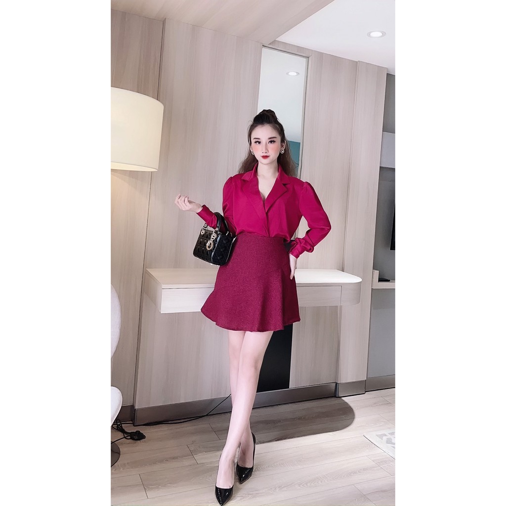 Chân váy chữ A, chất dạ tweed, da lộn, 2 lớp lót quần, màu đỏ/nâu | BigBuy360 - bigbuy360.vn