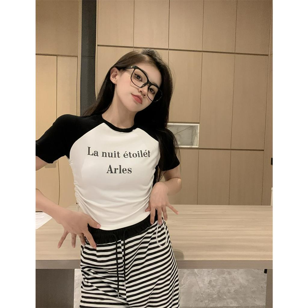 「 WELOVE1 」Áo Thun Tay Ngắn In Chữ Phối Dây Rút Nhiều Màu Sắc Tương Phản Phong Cách Mỹ Thời Trang Mùa Hè Cho Nữ