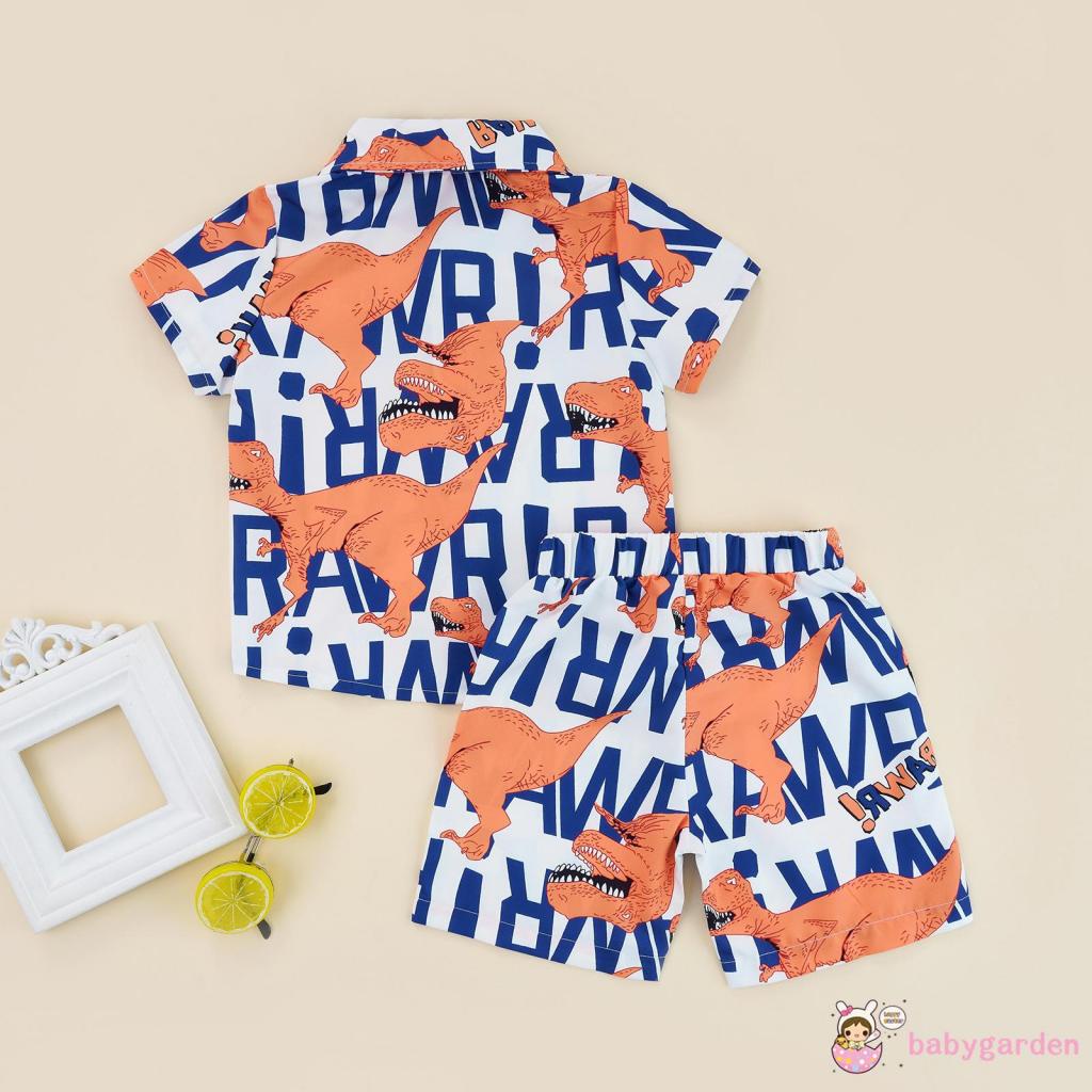 Bộ Áo Sơ Mi Cổ Bẻ In Chữ + Quần Short In Họa Tiết Khủng Long Phối Hàng Nút Thời Trang Mùa Hè Cho Bé Trai 2-7 Tuổi