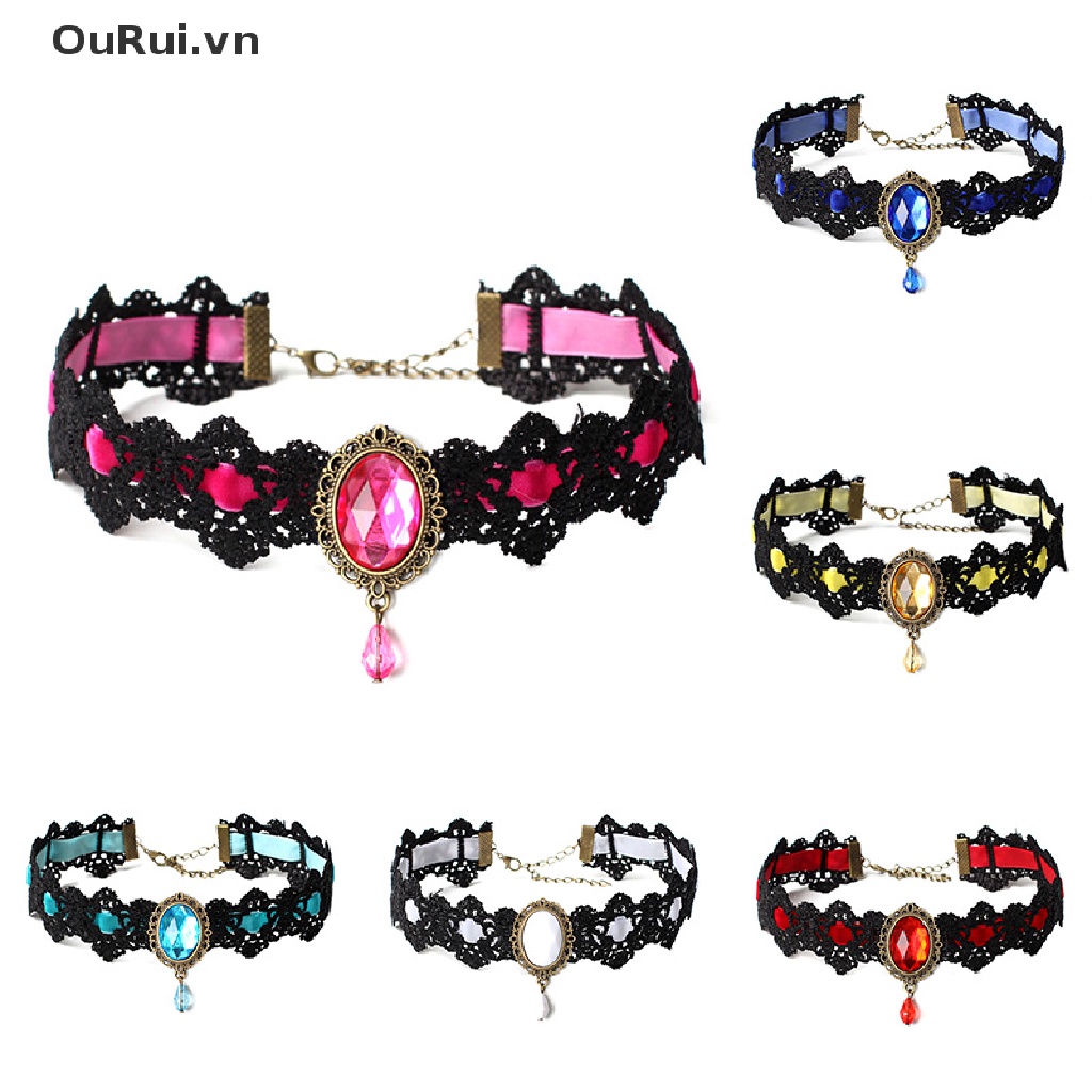 {RUI} Vòng Cổ Choker Dây Nhung Đen Đính Pha Lê Phong Cách Gothic Vintage {OuRui.vn}