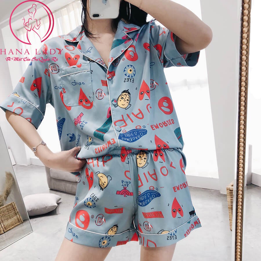 Pijama lụa tơ cao cấp họa tiết hoạt hình PJ358