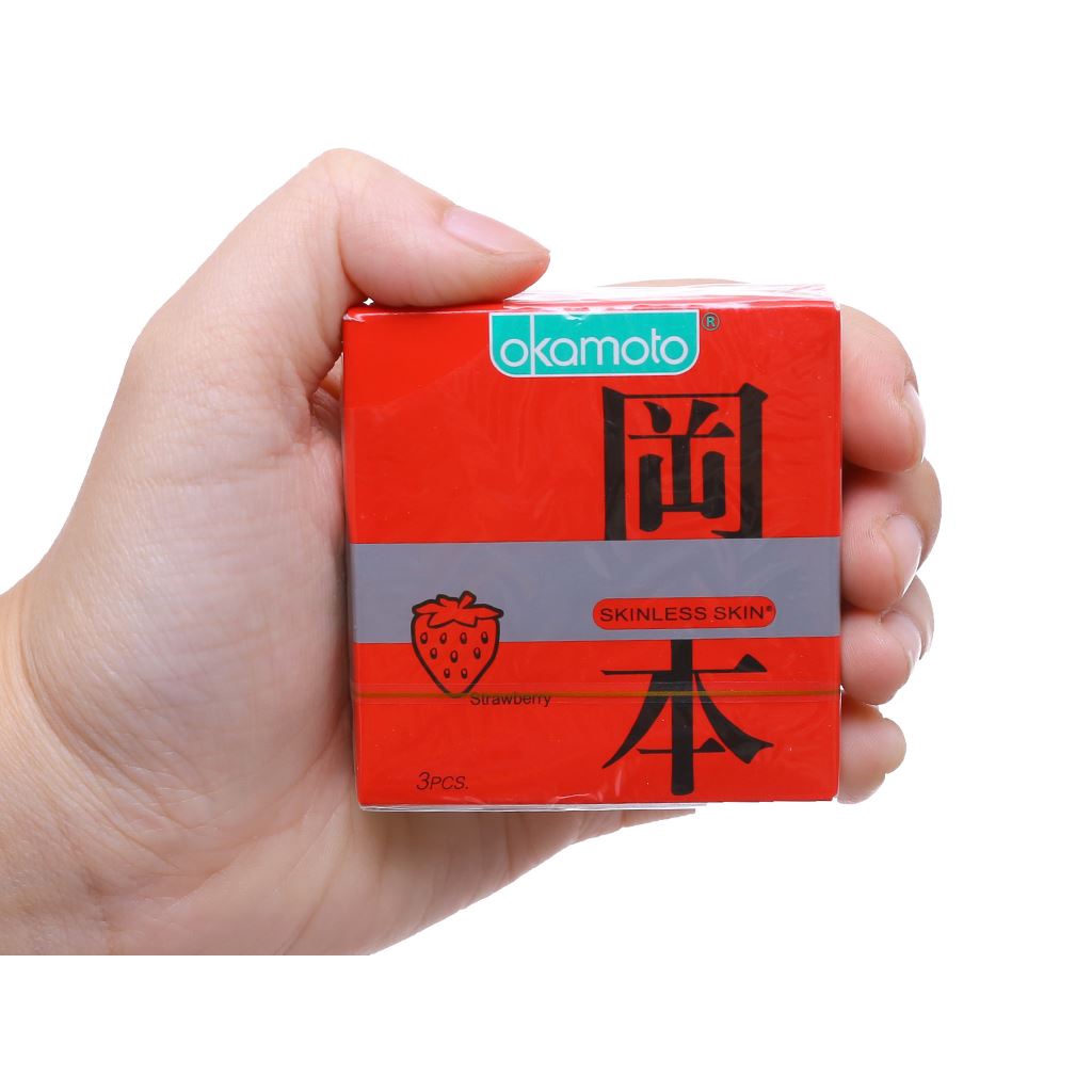 Bao cao su Okamoto Skinless Skin Strawberry, bcs hương dâu siêu mỏng kéo dài thời gian