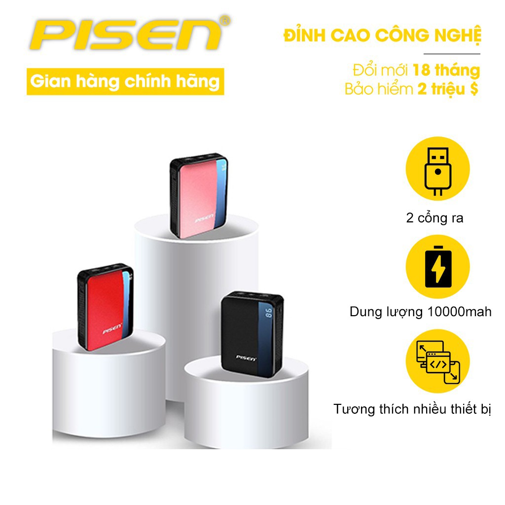 Sạc dự phòng Pisen Skew Led 10000mAh, sạc thời trang siêu nhỏ, sạc đồng thời 2 thiết bị, an toàn, bảo hành 24 tháng