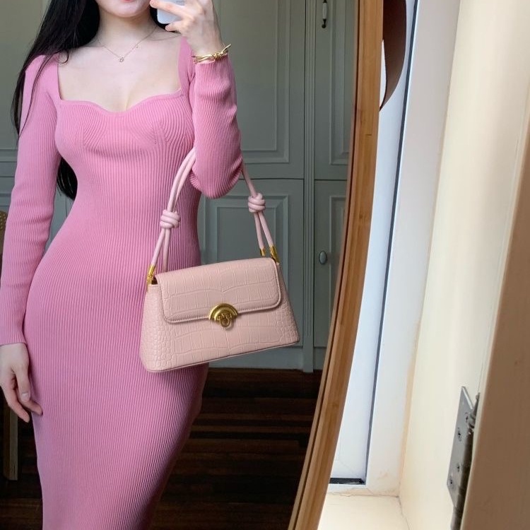 Đầm lửng SUXI dệt kim tay dài cổ vuông màu sắc thanh lịch thời trang mùa thu dành cho nữ