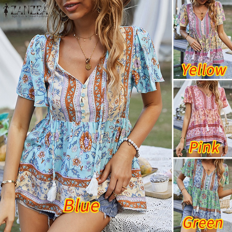 Zanzea Áo Kiểu Tay Ngắn Cổ Chữ V In Họa Tiết Thời Trang Cho Nữ