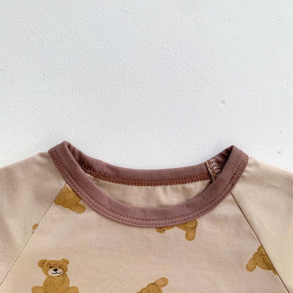 Bộ Áo Liền Quần Tay Ngắn Chất Liệu Cotton In Hình Gấu Kèm 1 Nón Cho Bé Sơ Sinh 0-2 Tuổi