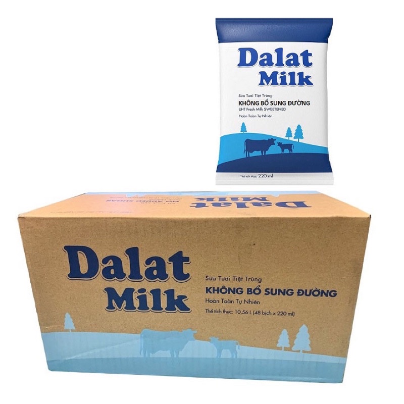 Thùng 48 Bịch Sữa Dalat Milk Không Đường 48 bịch x 220ml ( Giá Trừ KM )