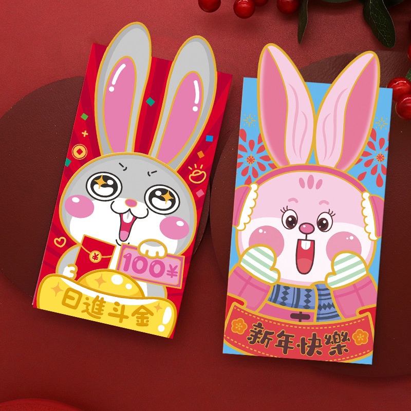 Bộ 6 Bao Lì Xì Đỏ Hình Thỏ Hoạt Hình Cho Lễ Hội Mùa Xuân 2023