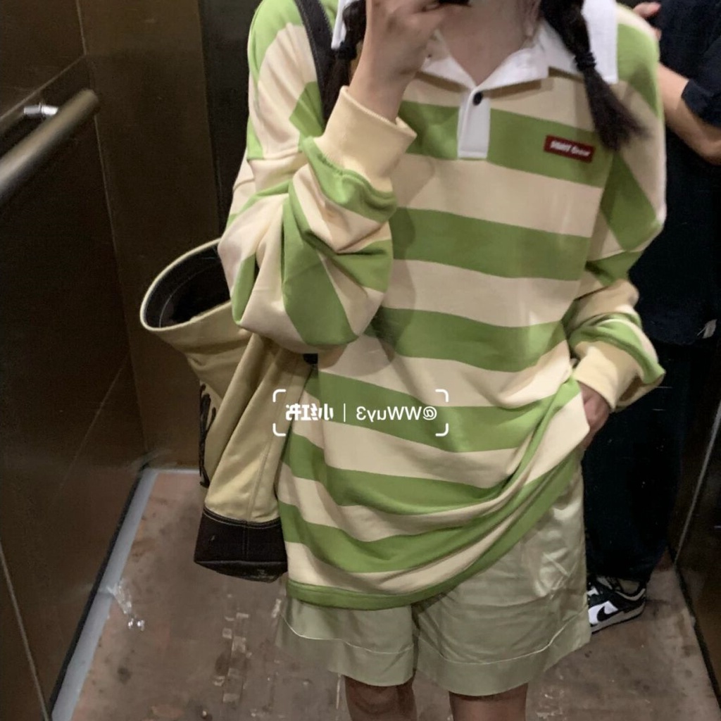 Áo Thun Sweater Mỏng Tay Dài Cổ Polo Dáng Rộng Kẻ Sọc Xinh Xắn Cho Nữ