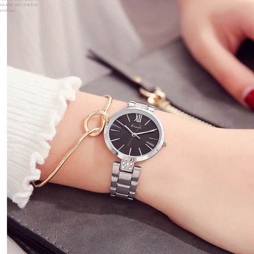 Đồng hồ nữ đeo tay chính hãng Kimio dây kim loại mặt tròn màu bạc chống nước