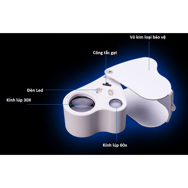 Kính lúp cầm tay có đèn mini với 2 thấu kính riêng biệt 30X-60X V2