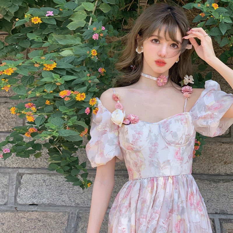 💥Đầm Dài Hai Dây Xẻ Tà Họa Tiết Hoa Phong Cách Công Chúa Kiểu Pháp Thời Trang Mùa Hè Mới đầm dự tiệc