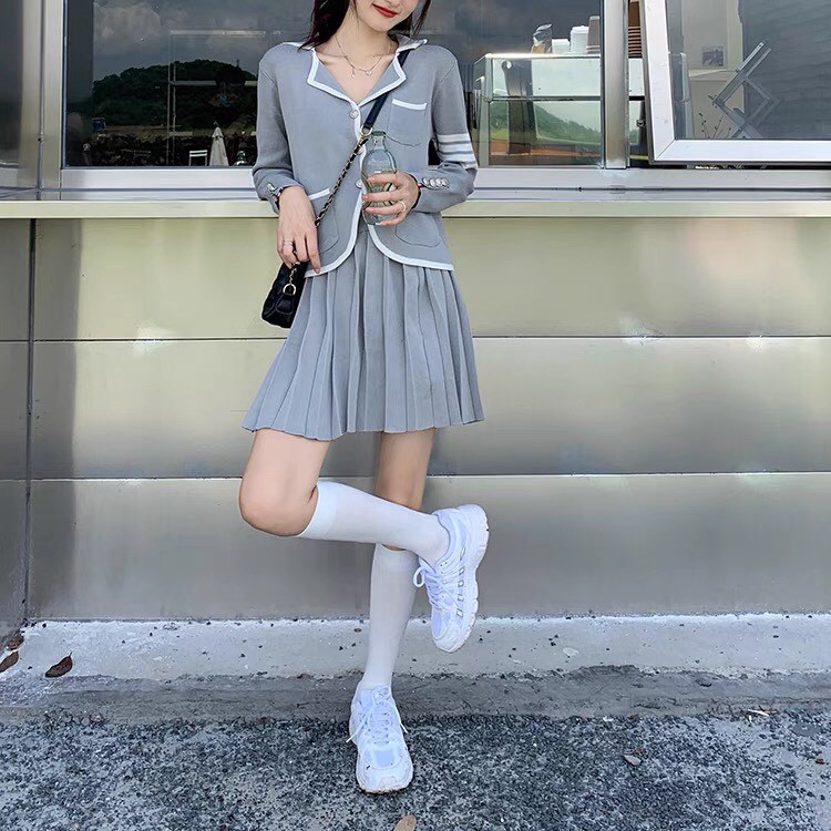 Set đồ len áo thủy thủ cúc tay cổ sơ mi chân váy xếp ly tennis dáng A 2 màu xám xanh cho nữ