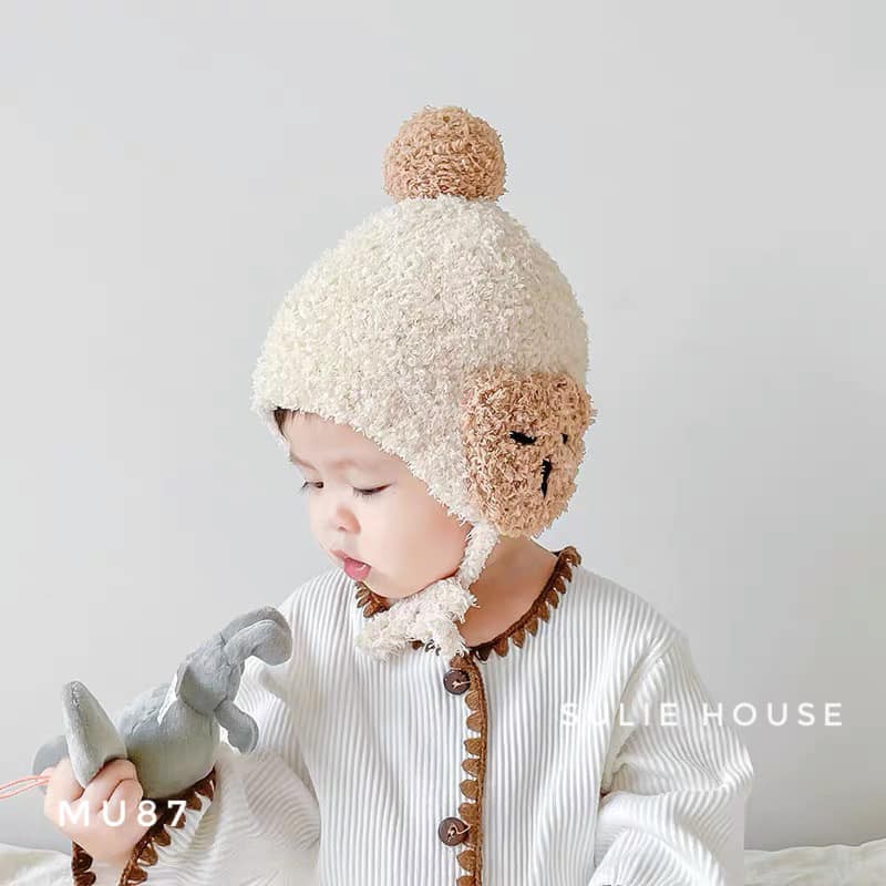 Mũ len cừu mặt gấu buộc dây - MU87