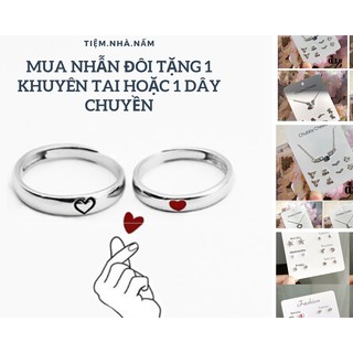 Nhẫn đôi bạc s925 trơn nam nữ khắc hình trái tim đen đỏ