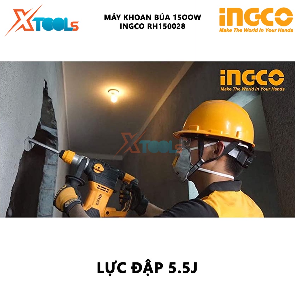 Máy khoan búa dùng pin 3 chức năng 1500w Ingco RH150028 đầu gài sds, tốc độ 850rpm, tốc độ đập 4400bpm, lực đập 5,5j, kh