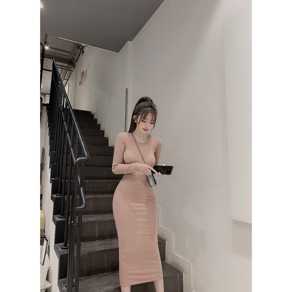 Set đầm body có Chân váy dài và áo Croptop dài tay sexy, mặc siêu tôn dáng