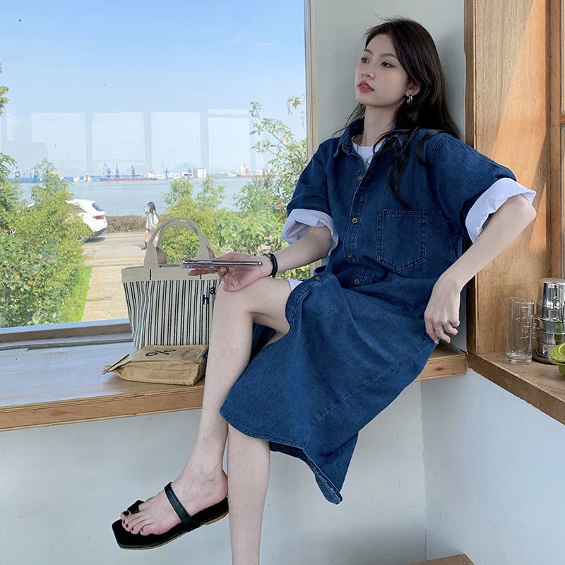 Đầm midi denim Cổ polo Dáng Rộng Đơn Giản Thời Trang Hàn Quốc