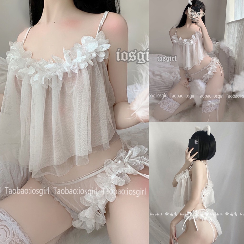 Bộ ngủ nữ sexy voan mỏng đính hoa quần đùi áo 2 dây