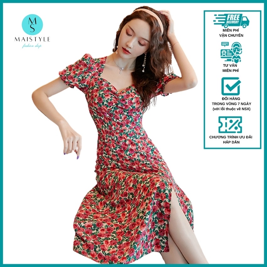 Váy hoa nhí MAISTYLE Đầm hoa nhí vintage dáng dài qua gối tay phồng xẻ tà Đầm voan hoa nhí đẹp thiết kế MY1105 | BigBuy360 - bigbuy360.vn