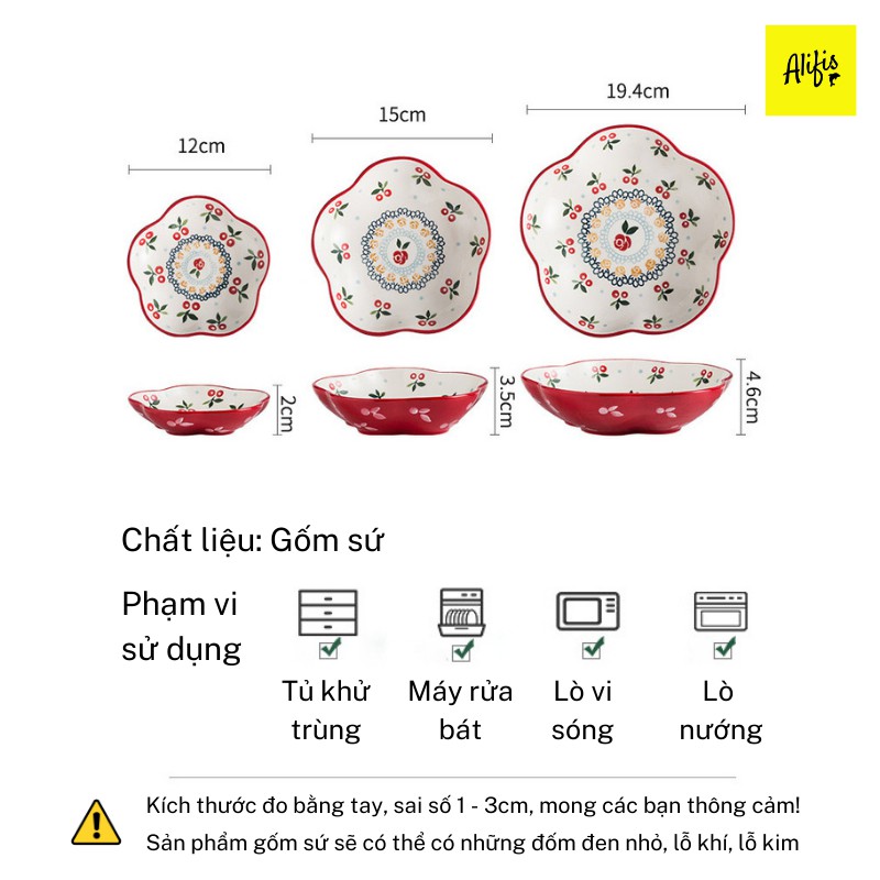 Đĩa sứ decor, tô salad trang trí họa tiết Cherry hình tròn, cách điệu cánh hoa, trái tim Alifis