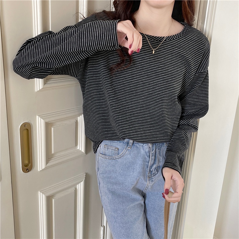 Áo thun SUXI cho nữ thiết kế cổ tròn dài tay sọc ngang thời trang