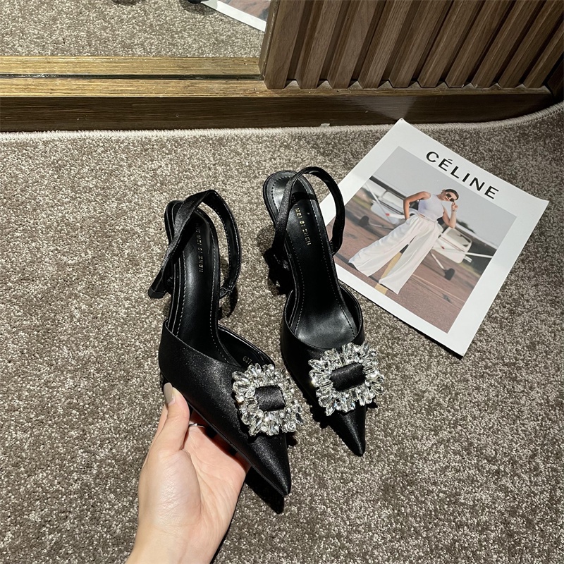 Giày cao gót nữ mũi nhọn đính đá 7 phân lấp lánh Womenstyle, giày hậu cao gót chất liệu da quai sau co dãn chuẩn size