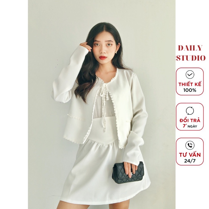 [THIẾT KẾ CAO CẤP] Set dạ 3 món trắng tiểu thư,Set dạ tweed tinh khôi trẻ trung Tết 2022 Ảnh thật
