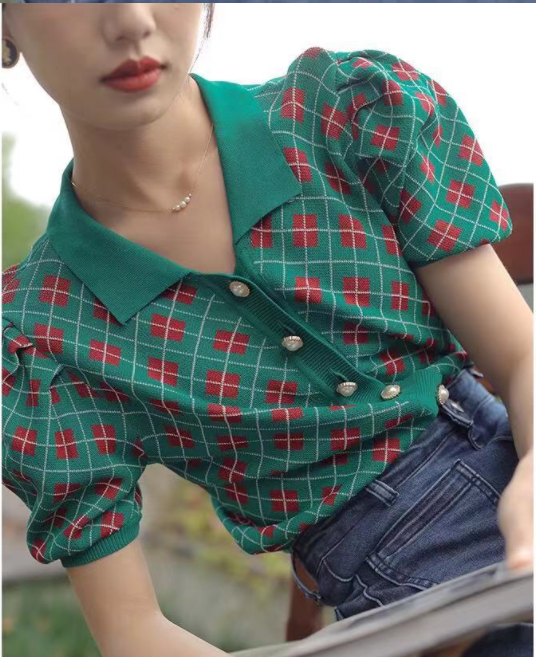 Áo kiểu tay ngắn cổ bẻ họa tiết kẻ sọc ô vuông mẫu 2021 thời trang dành cho nữ | BigBuy360 - bigbuy360.vn