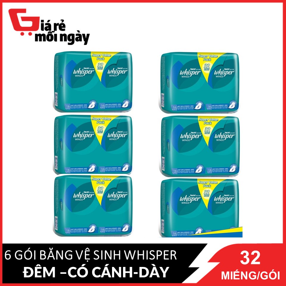 COMBO 6 gói băng vệ sinh Whisper Cánh dày đêm 32 miếng