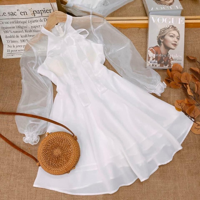 Đầm trắng tay voan phối nơ cao cấp | BigBuy360 - bigbuy360.vn