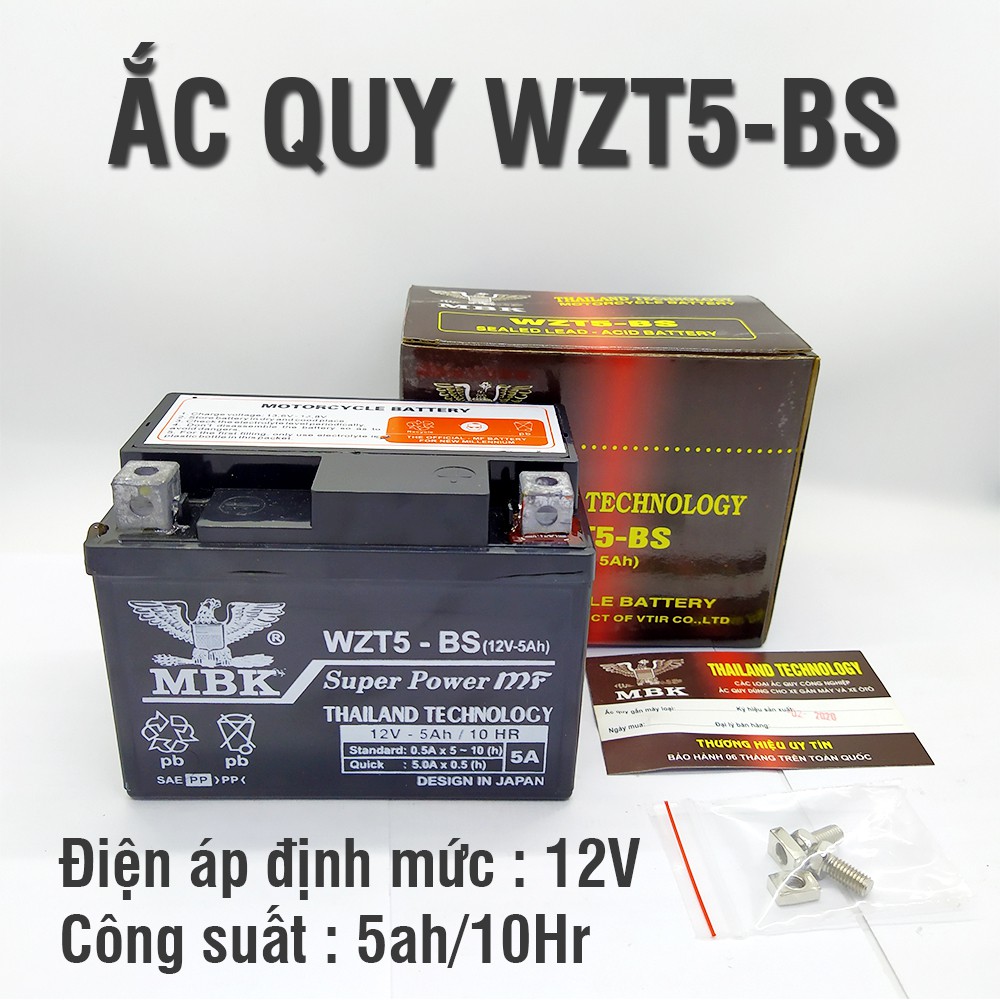 Bình ắc quy khô THAILAND WZT5 12V-5Ah kích thước [11 x 7 x 8,5cm],lắp cho các xe wave,air blade..vv