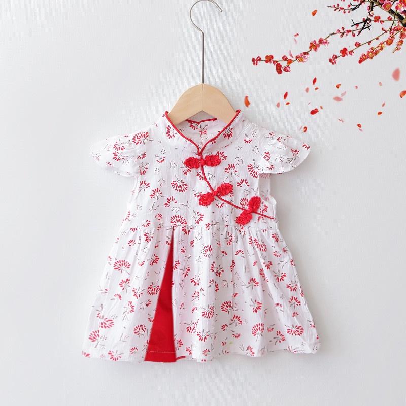 Đầm Công Chúa Vải Cotton Mỏng In Hoa Kiểu Trung Hoa Dễ Thương Thời Trang Mùa Hè Cho Bé Gái