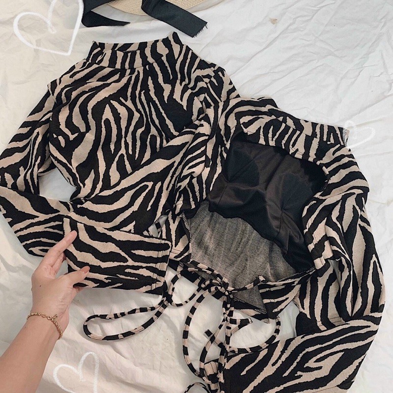ÁO CROPTOP BEO NGỰA VẰN HỞ LƯNG ĐAN DÂY CỘT NƠ EO TAY DÀI KÈM ẢNH THẬT