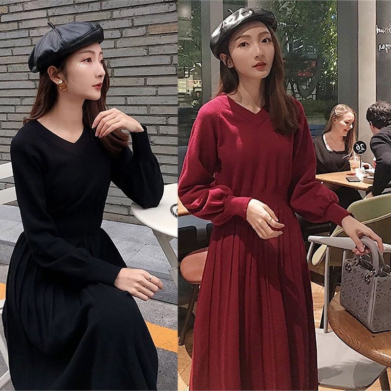 [HÀNG SẴN QUẢNG CHÂU] Váy Len Dệt Kim Dáng Xoè Cổ Tim Tay Bo Dáng Xoè Phong Cách Công Chúa Pháp Vintage Retro Sang Chảnh