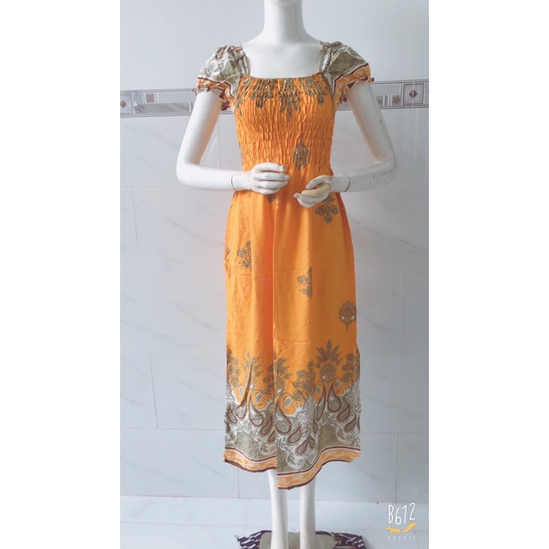 [47-60ky/chọn màu]Đầm maxi lanh tay phồng chạy chỉ thun quanh thân tôn dáng | BigBuy360 - bigbuy360.vn