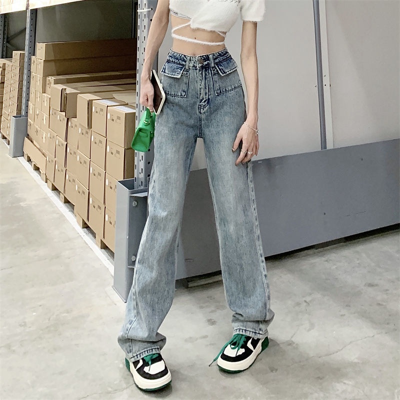 Quần Jeans Lưng Cao Ống Rộng Phong Cách Đường Phố Mỹ Cho Nữ