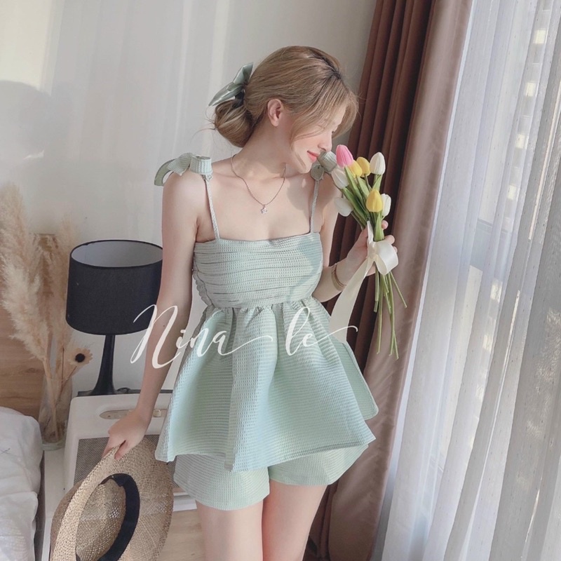 Set áo hai dây babydoll chất vải tapta kèm ảnh thật, set tiểu thư nữ áo cổ vuông xếp ly, bộ đùi nữ màu pastel đáng yêu