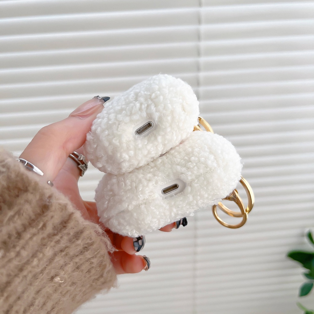 Vỏ Bảo Vệ Hộp Sạc Tai Nghe AirPods3 Gen 2021 / AirPods3 Bằng Vải Bông Hình Gấu Trắng Dễ Thương Có Vòng Nhẫn Kim Loại Ốp