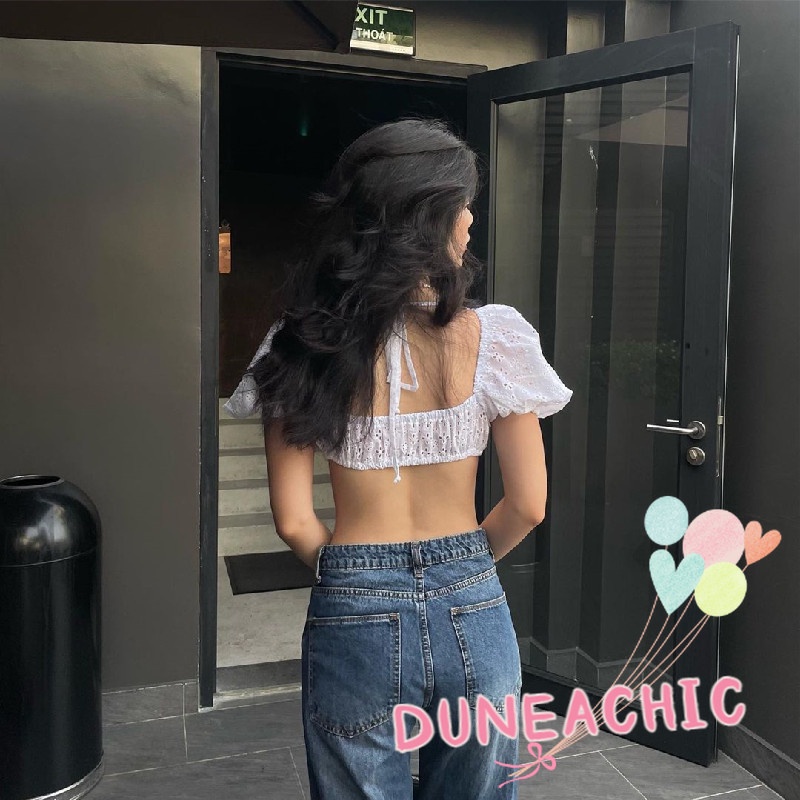 DUNEA Áo Thun Tay Ngắn Phồng Hở Lưng Cổ Chữ U Dành Cho Nữ
