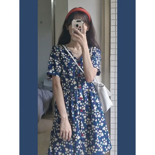 Đầm Hoa Tay Phồng Ngắn Cổ Chữ V Màu Xanh Navy Thời Trang Trẻ Trung Cho Nữ