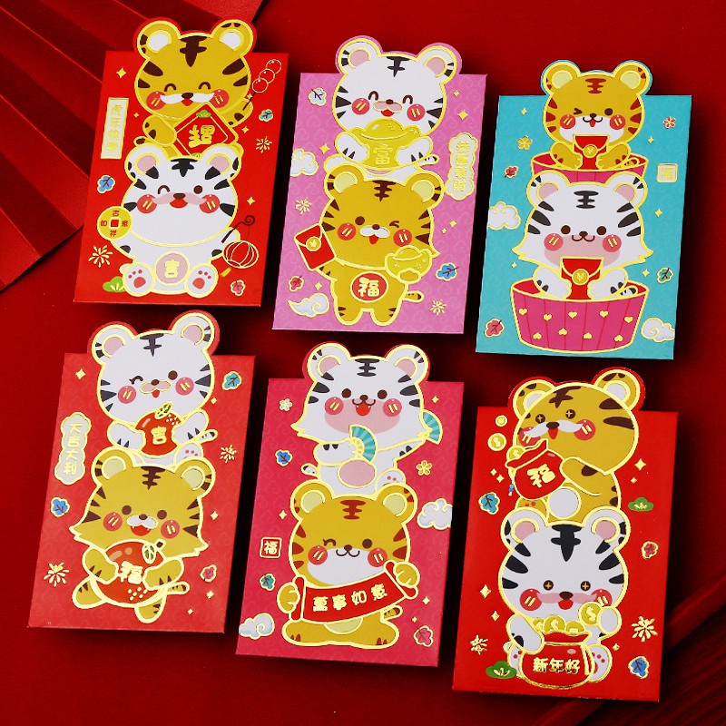 Set 6 bao lì xì hình hổ hoạt hình năm mới 2022