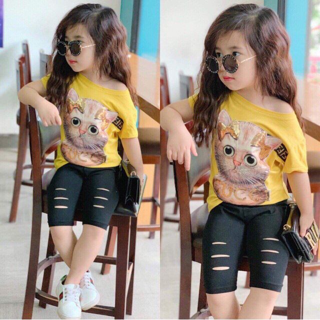 Bộ thun tay đùi hình mèo cho bé gái- đồ bộ bé gái size 1-2