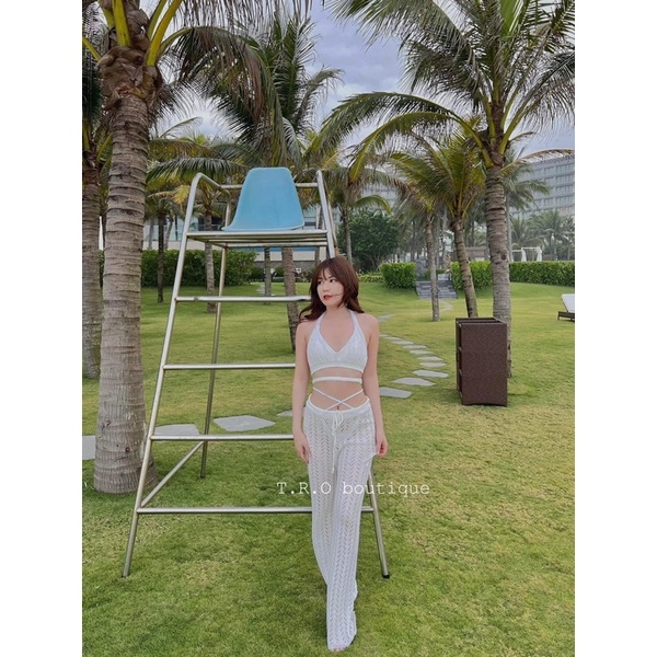 Set áo ngực quần ống rộng lưới đi biển, Set lưới bikini mặc đi biển siêu xinh