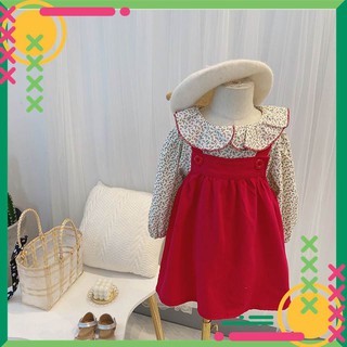 Set váy yếm đỏ áo hoa nhí